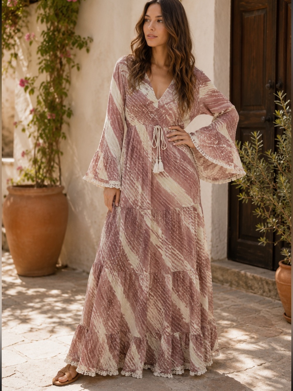 ShopEvelynne Pink and Cream Boho Maxi Dress with Tassel Tie